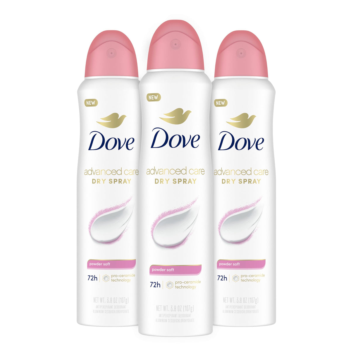 Dove Advanced Care Powder Soft spray pack shot highlighting design and comforting scent