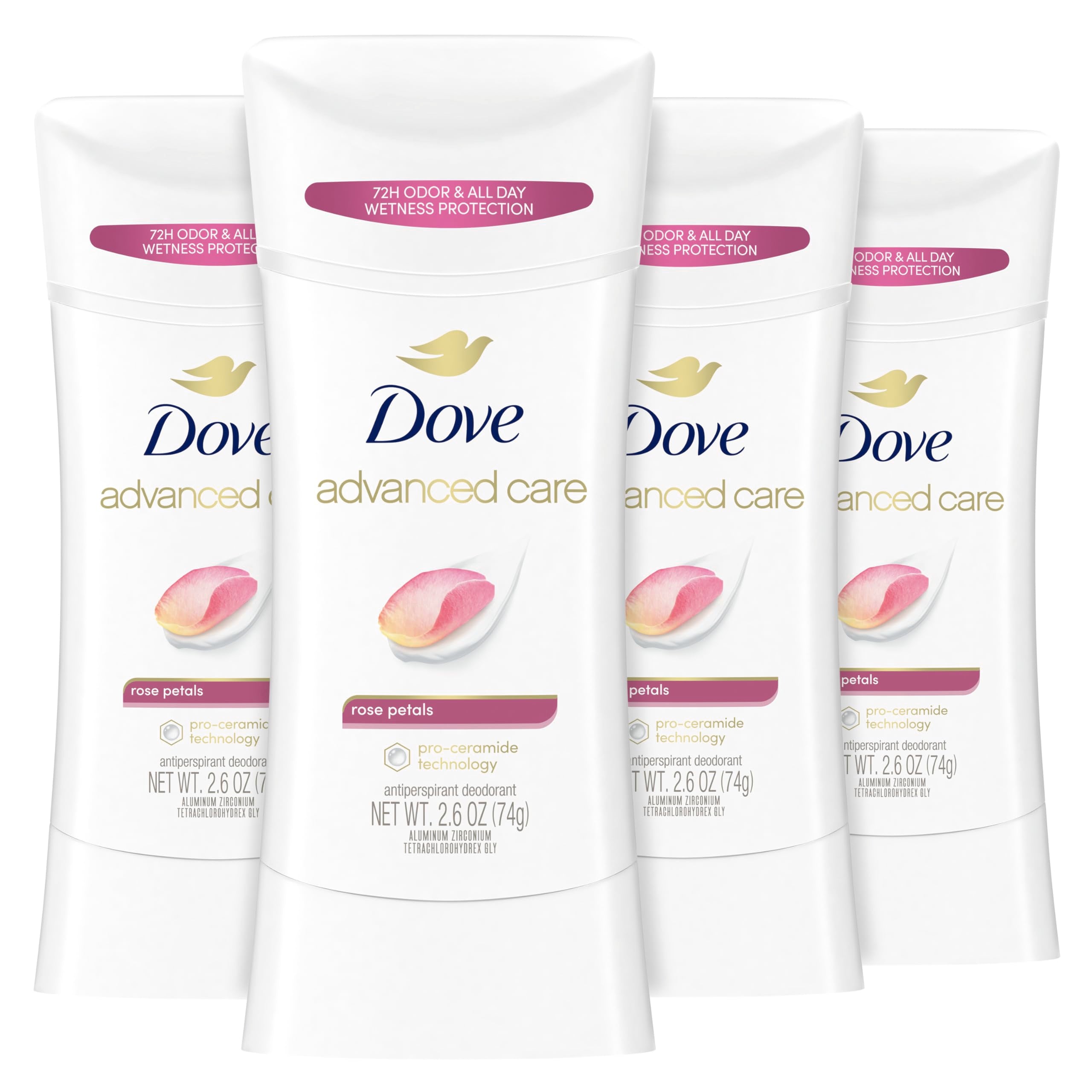 Dove Advanced Care Rose Petals stick pack for soft, protected underarms.