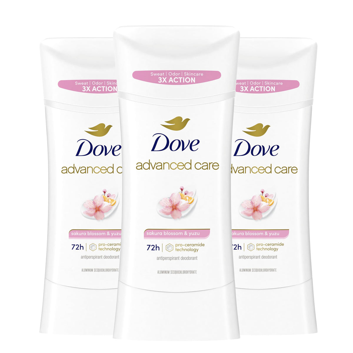 Dove Advanced Care Sakura Blossom & Yuzu 3-pack packaging for convenient protection