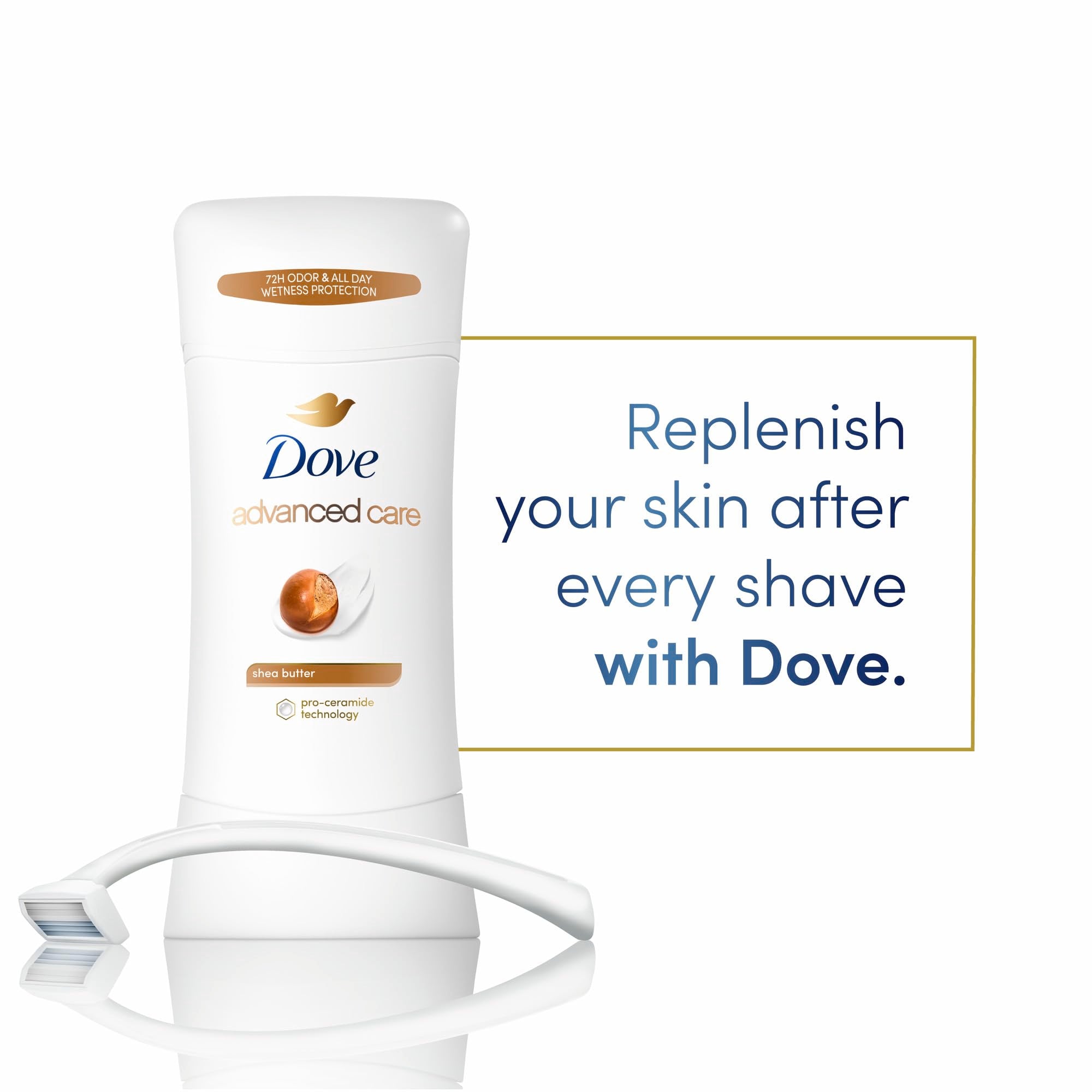 Dove Advanced Care Shea Butter Pro Ceramide label close-up communicating barrier care