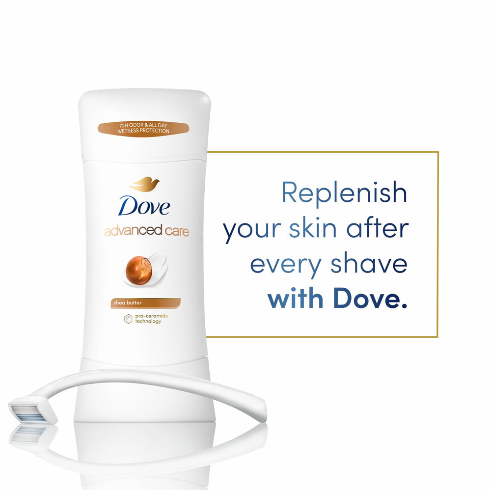 Dove Advanced Care Shea Butter Pro Ceramide label close-up communicating barrier care