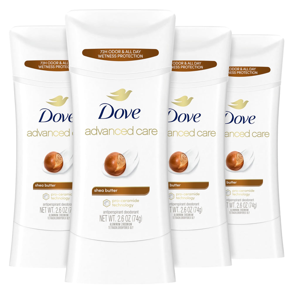 Dove Advanced Care Shea Butter stick pack shot showing the four-pack for daily protection