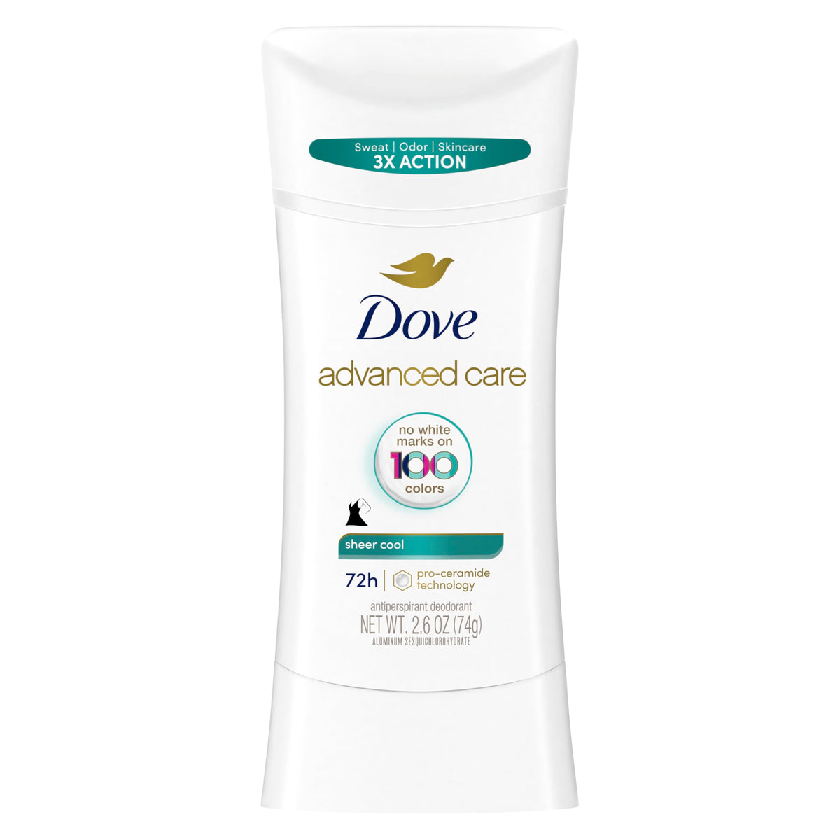 Dove Advanced Care Sheer Cool bottle closeup showing invisible protection for all-day freshness