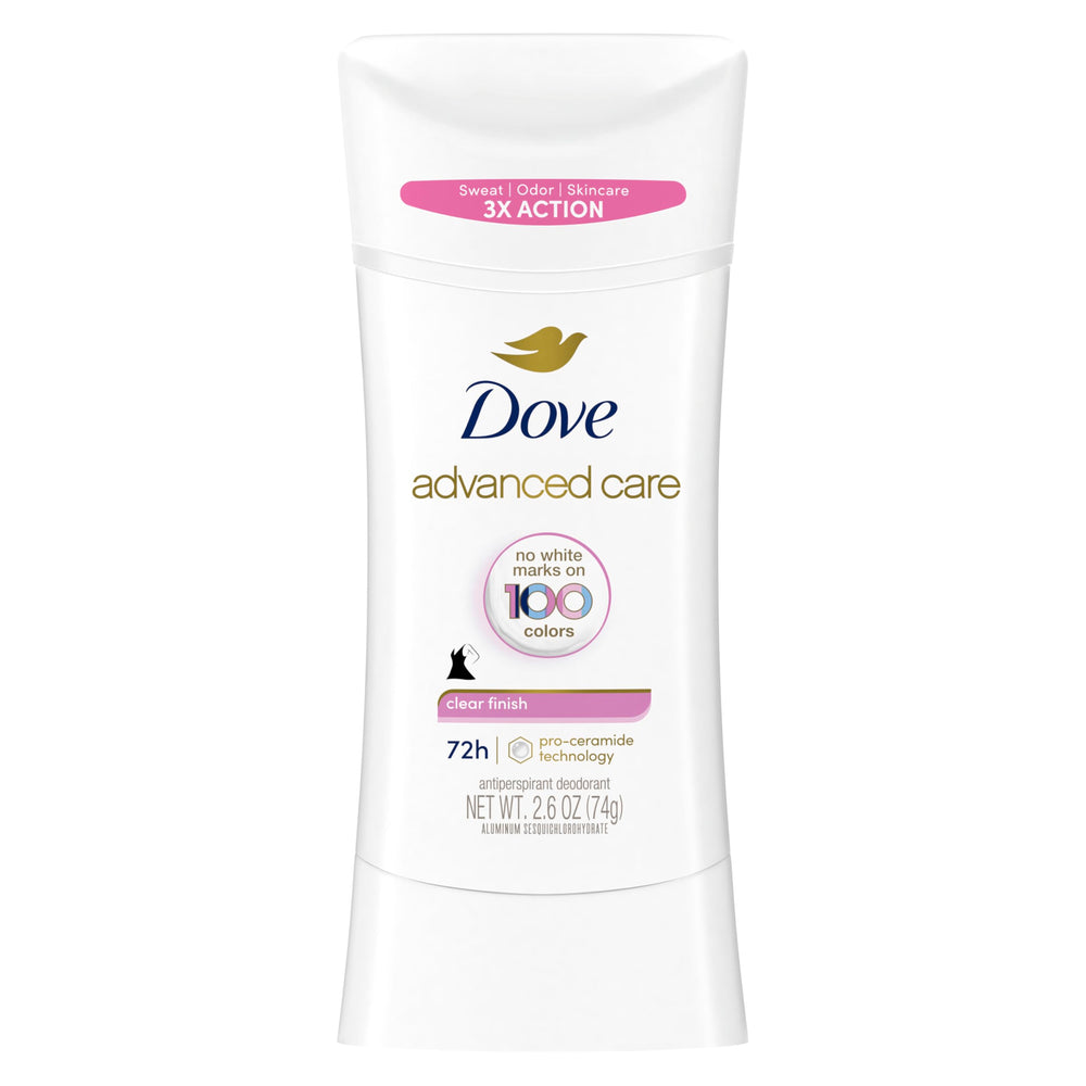 Dove Advanced Care stick front view with invisible finish and no white marks.