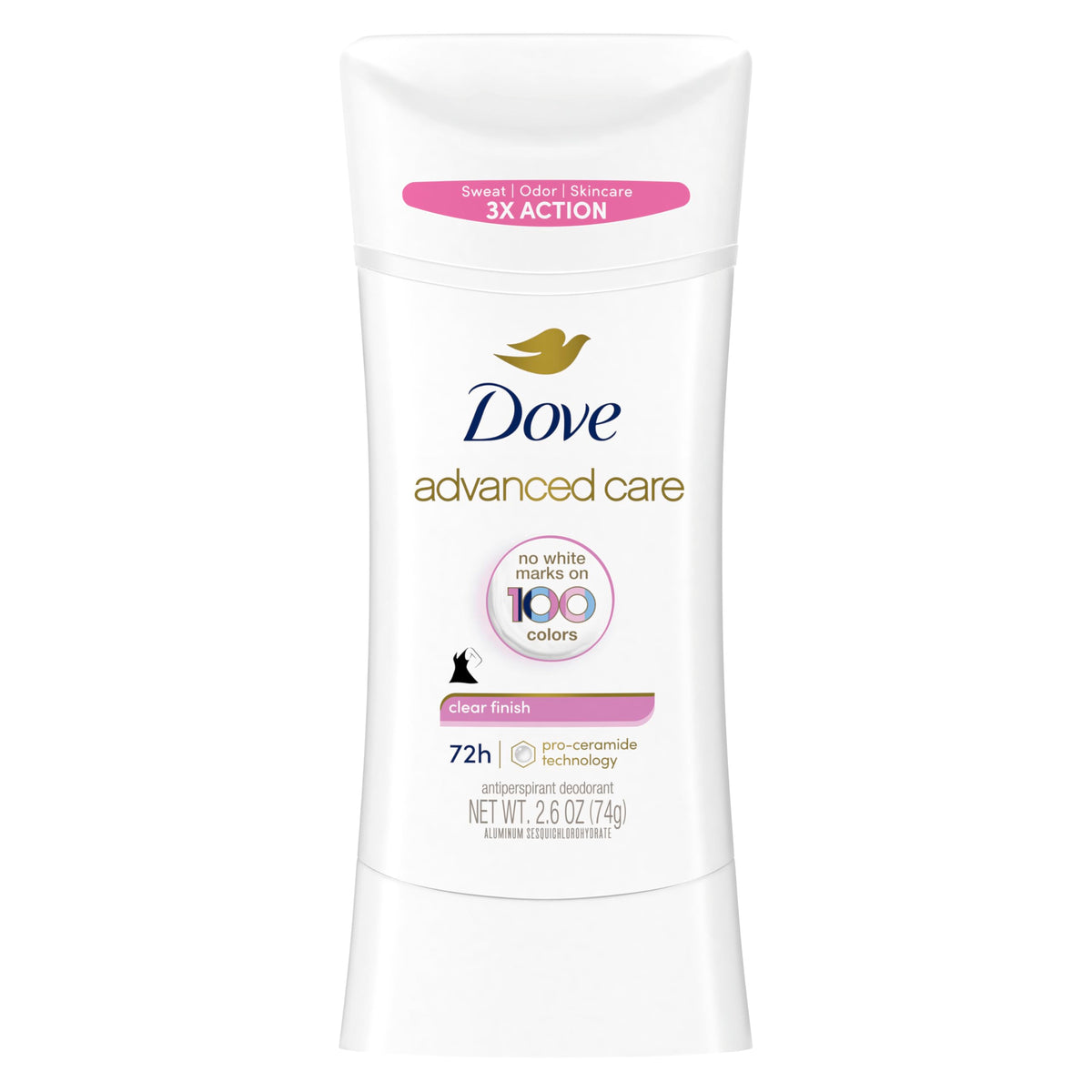 Dove Advanced Care stick front view with invisible finish and no white marks.