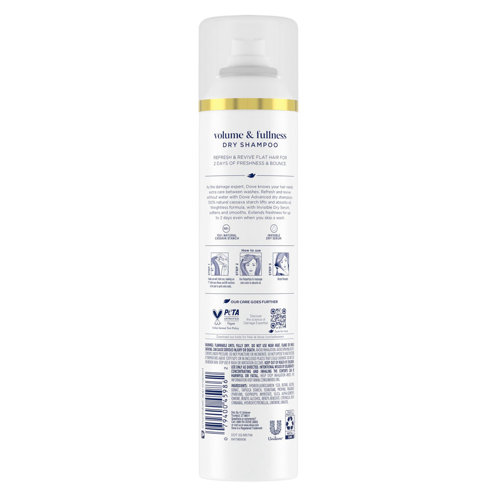 Dove Advanced Dry Shampoo with Invisible Serum shown during application for softer, smoother hair.