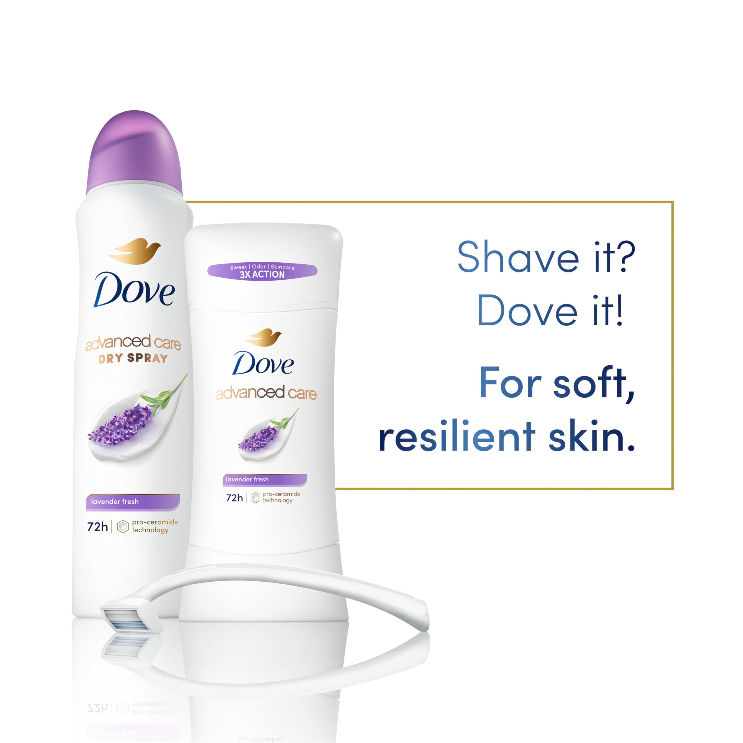 Dove After-shaving care benefit shown with gentle underarm application.
