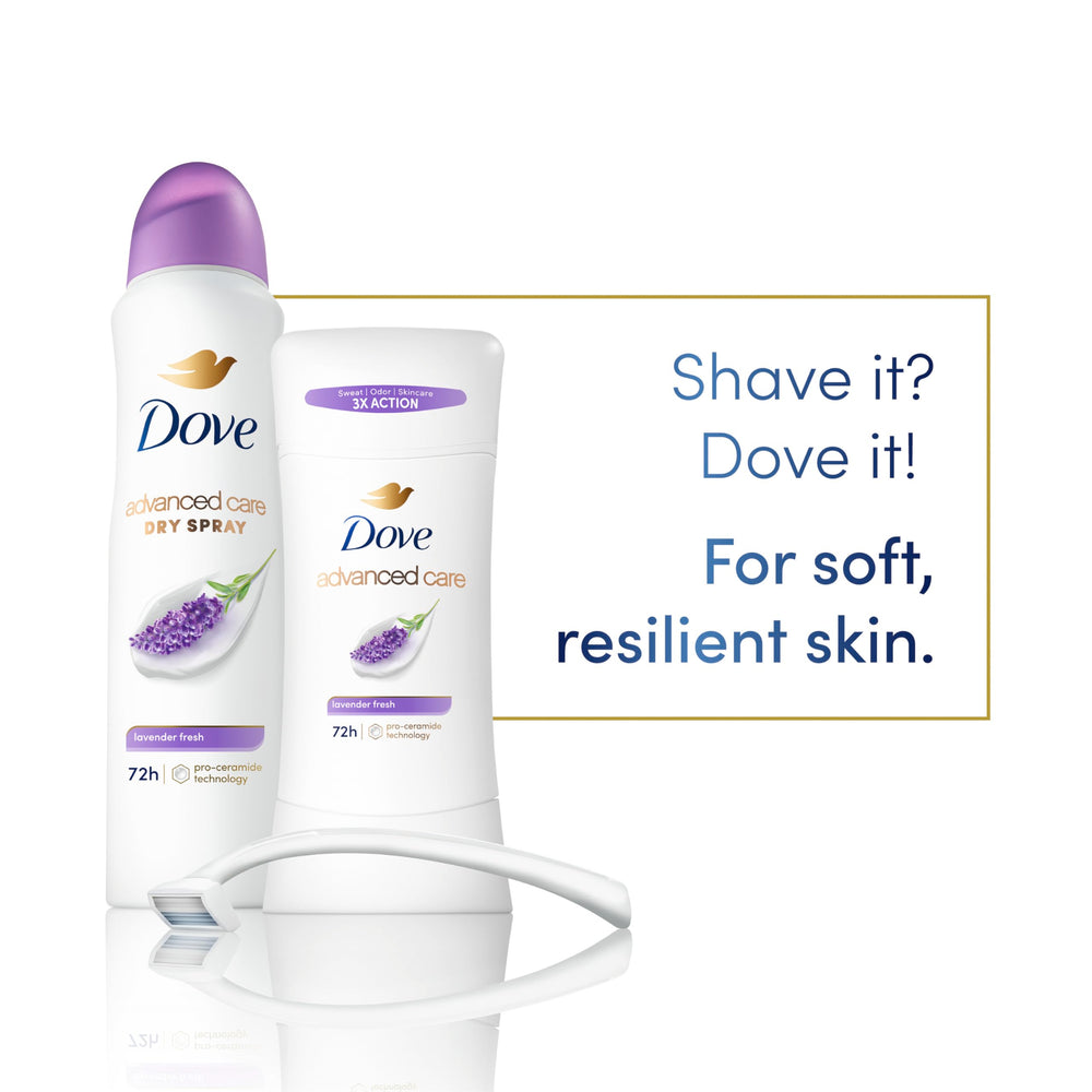 Dove After-shaving care benefit shown with gentle underarm application.