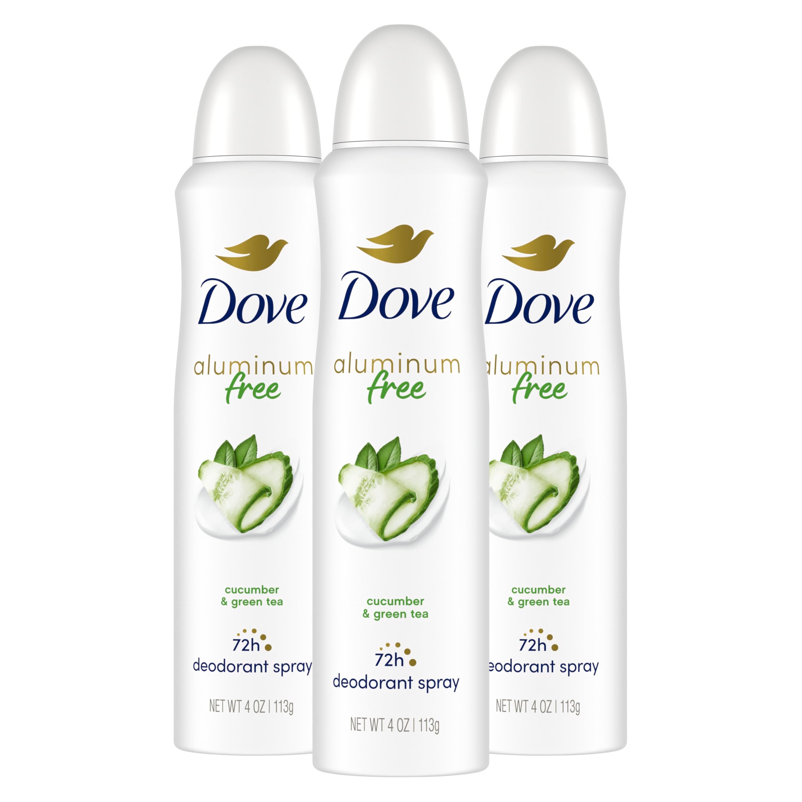 Dove aluminum-free deodorant spray bottle with cucumber and green tea for long-lasting freshness.