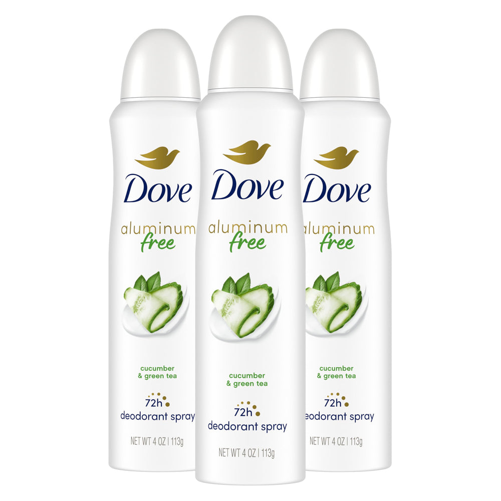 Dove aluminum-free deodorant spray bottle with cucumber and green tea for long-lasting freshness.