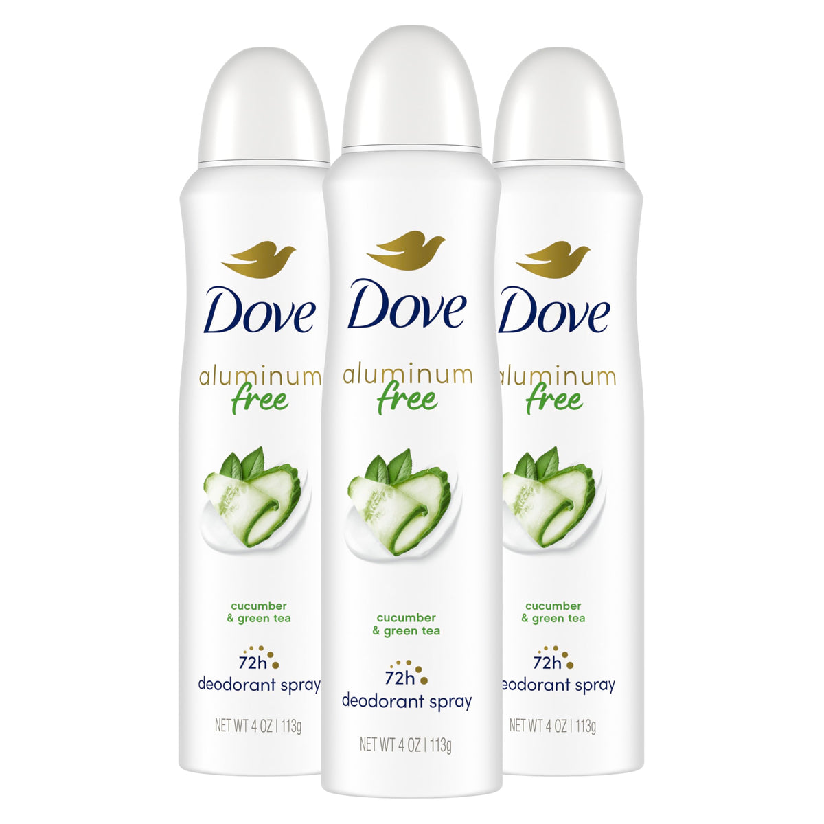 Dove aluminum-free deodorant spray bottle with cucumber and green tea for long-lasting freshness.