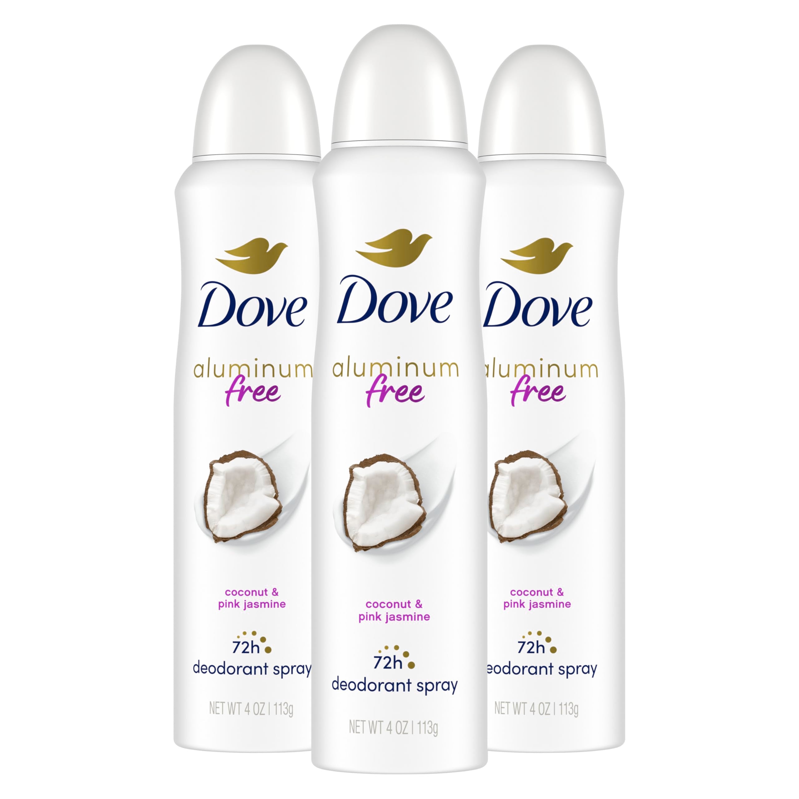 Dove aluminum-free deodorant spray bottle front with coconut and pink jasmine scent.