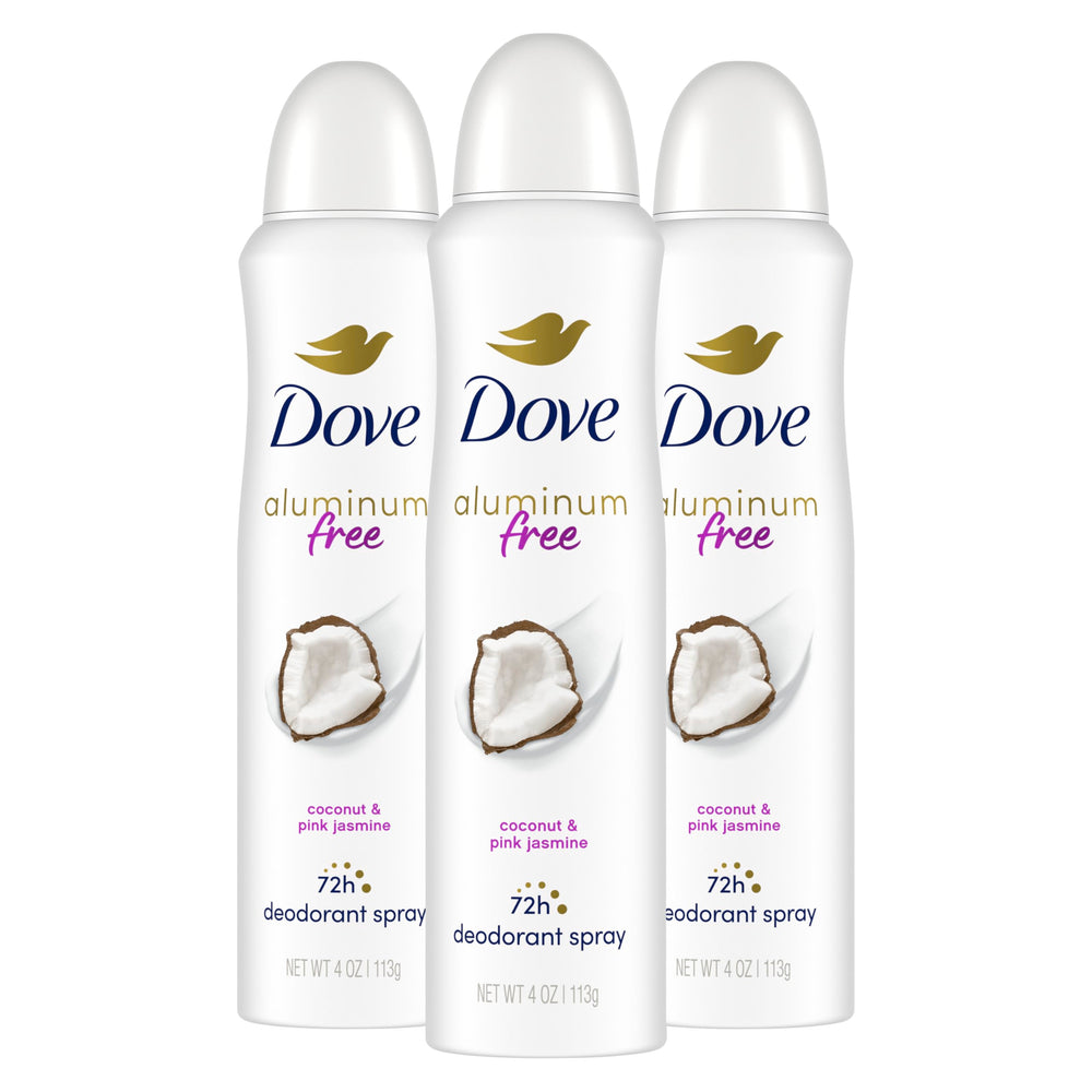 Dove aluminum-free deodorant spray bottle front with coconut and pink jasmine scent.