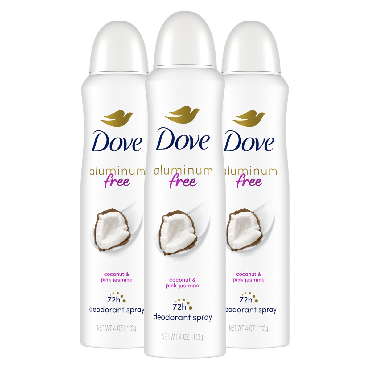 Dove aluminum-free deodorant spray bottle front with coconut and pink jasmine scent.