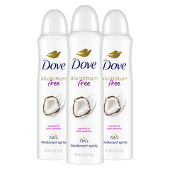Dove aluminum-free deodorant spray bottle front with coconut and pink jasmine scent.