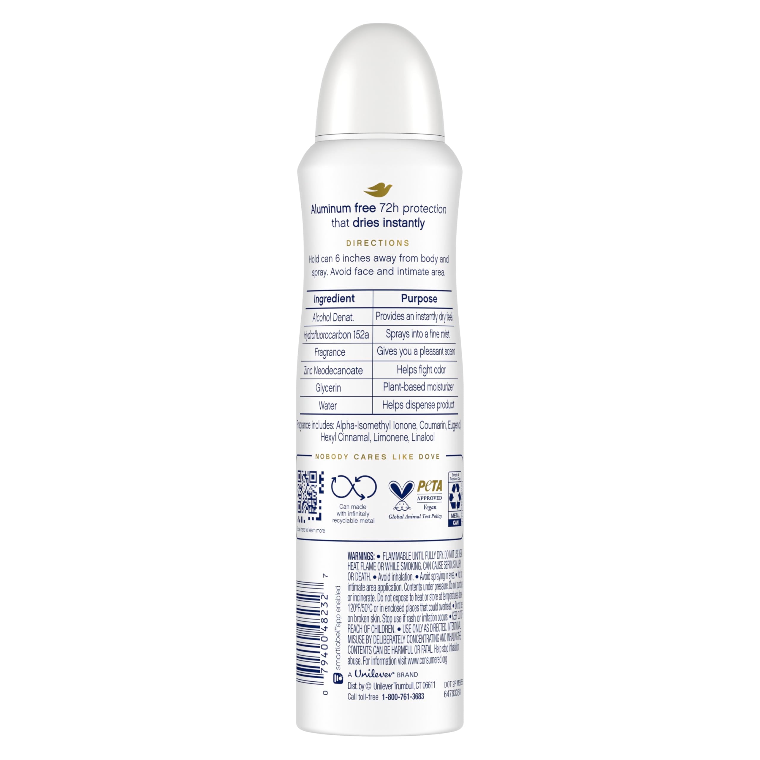 Dove aluminum-free deodorant spray bottle top showing easy spray action.