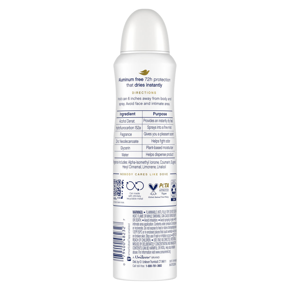 Dove aluminum-free deodorant spray bottle top showing easy spray action.