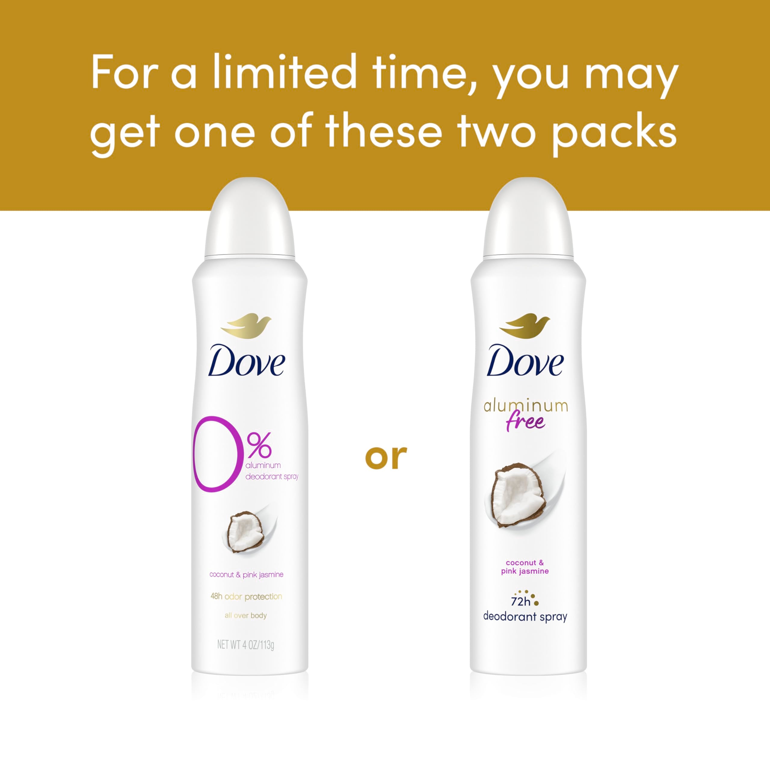Dove aluminum-free deodorant spray closeup highlights coconut pink jasmine aroma.