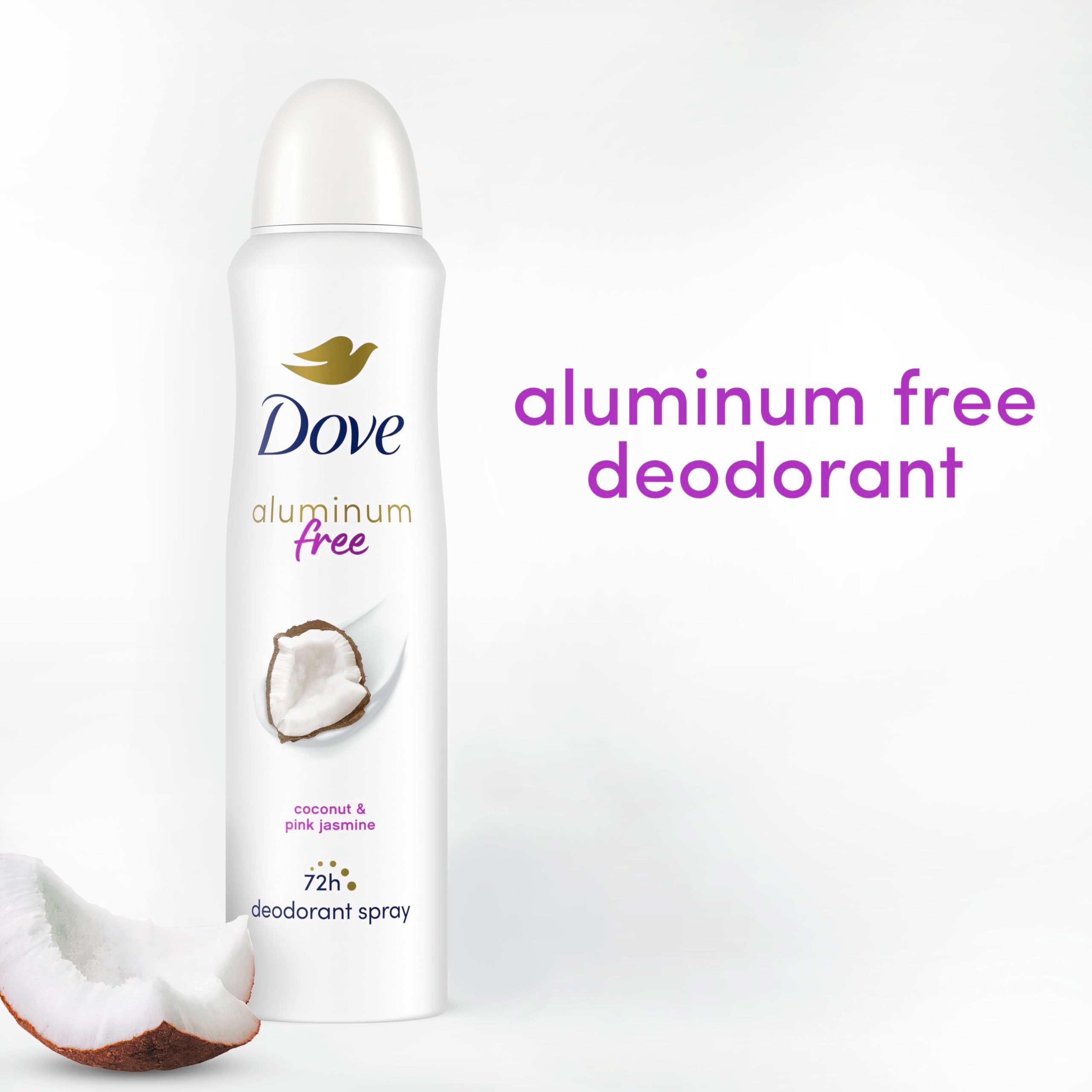 Dove aluminum-free deodorant spray packaging shows a 3-count pack.