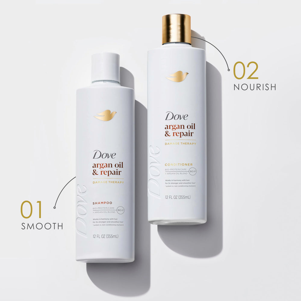 Dove Argan Oil & Repair closeup shows nourished, strengthened strands.