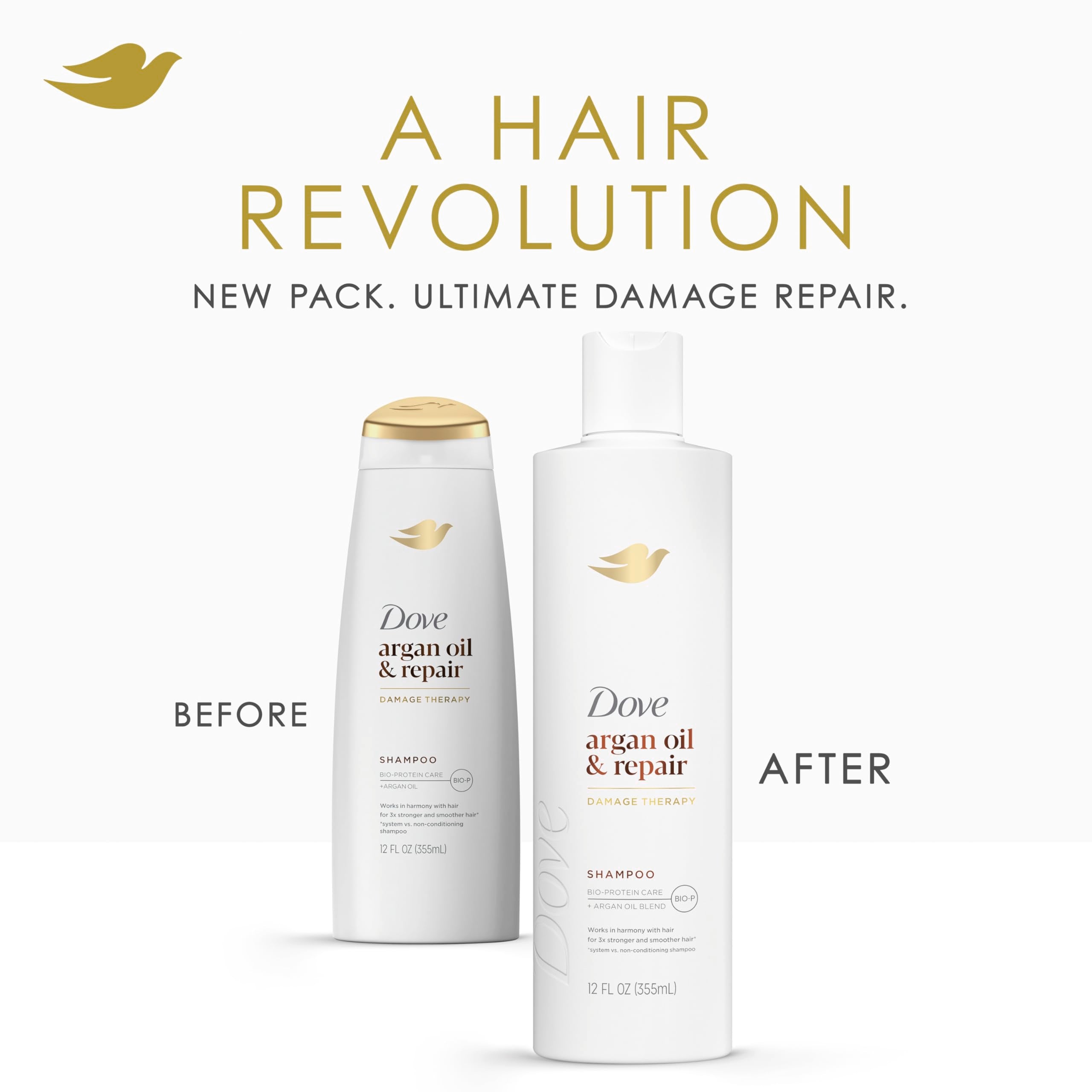 Dove Argan Oil & Repair ingredients graphic highlights Bio-Protein Care technology.
