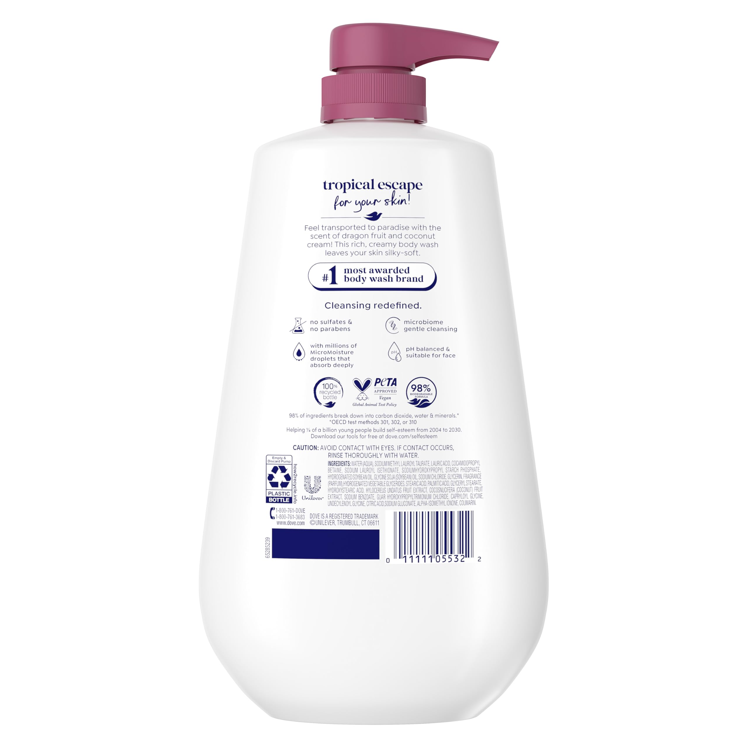 Dove Bano Cuerpo Microgotas Hidratación 24h para piel más nutrida.