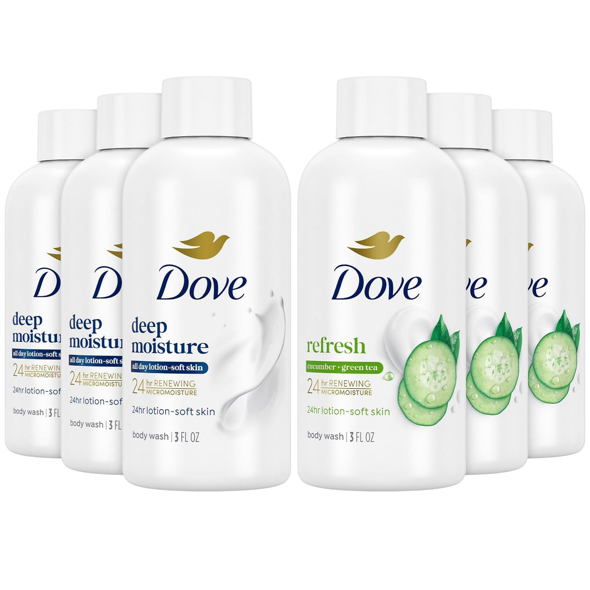 Dove Bano Cuerpo mini set Refrescante Pepino y Té Verde para viaje.