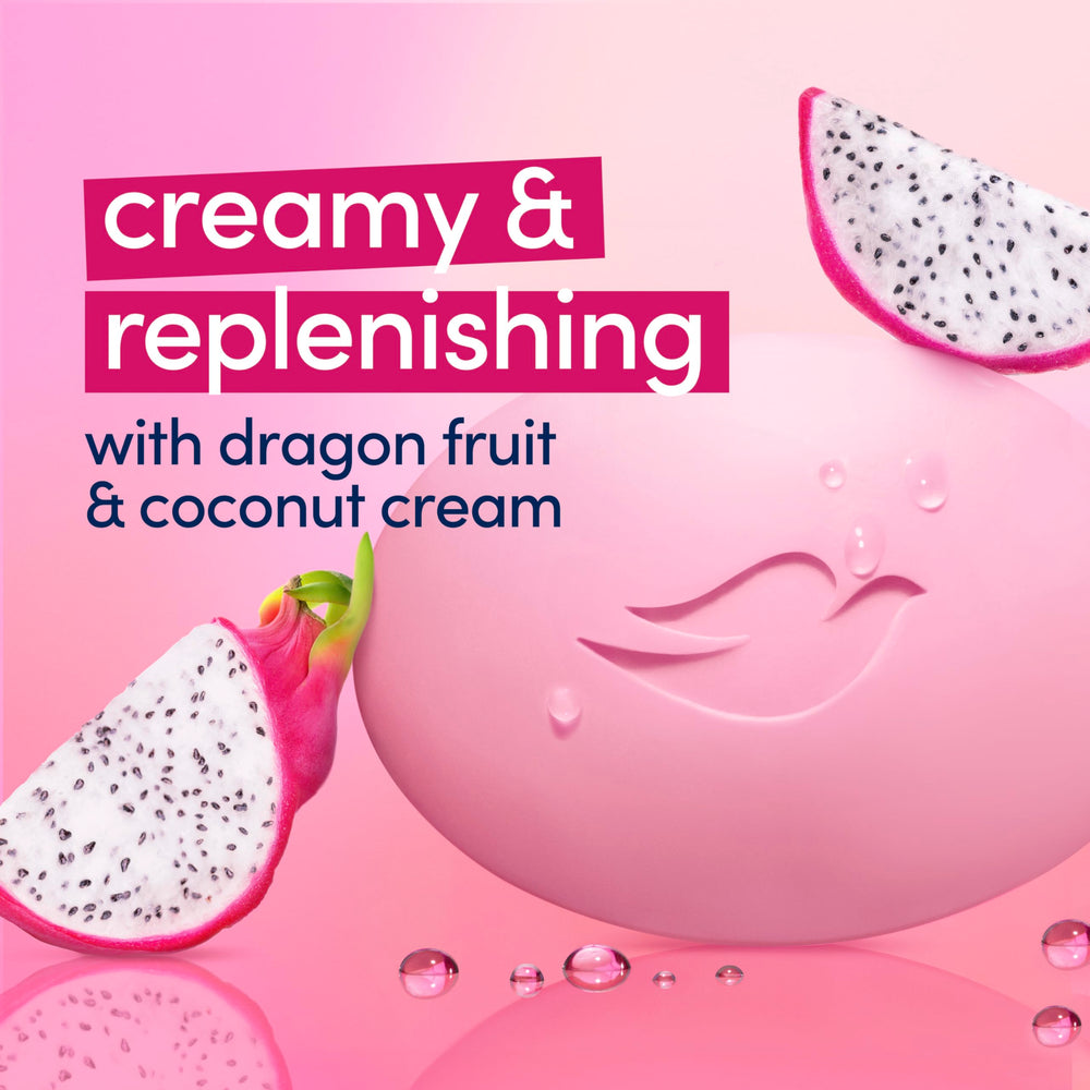 Dove Barra Aroma Fruta del Dragón: fragancia envolvente con coco para una experiencia sensorial.