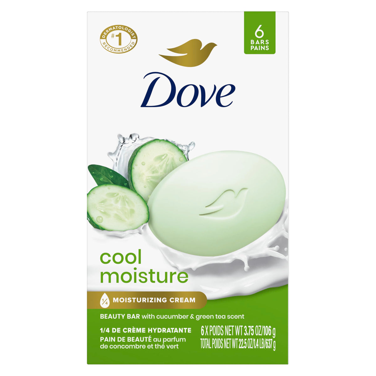 Dove barra belleza Humectación Fresca con pepino y té verde para piel fresca.