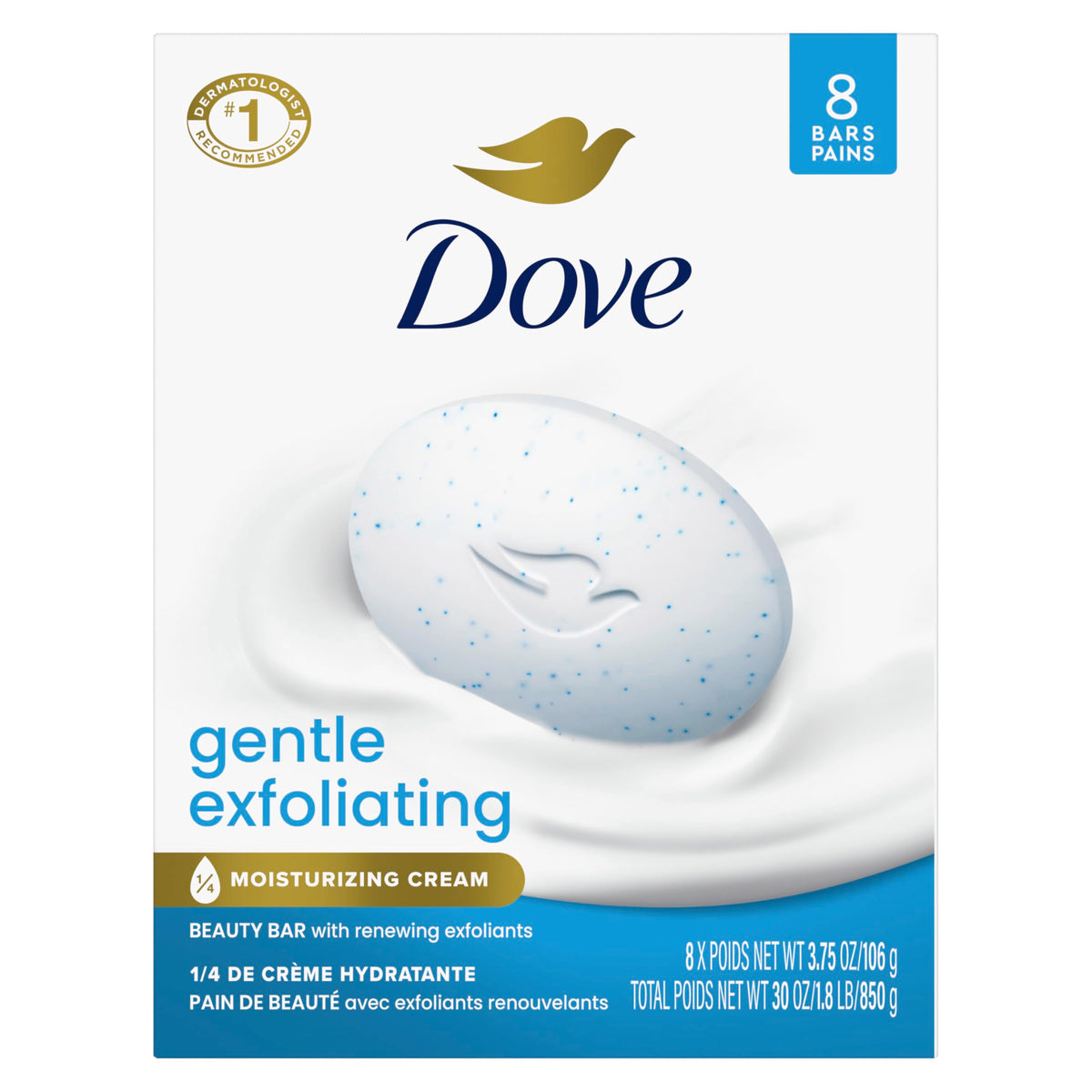Dove Barra de Belleza con crema hidratante exfoliante suave para renovar piel.