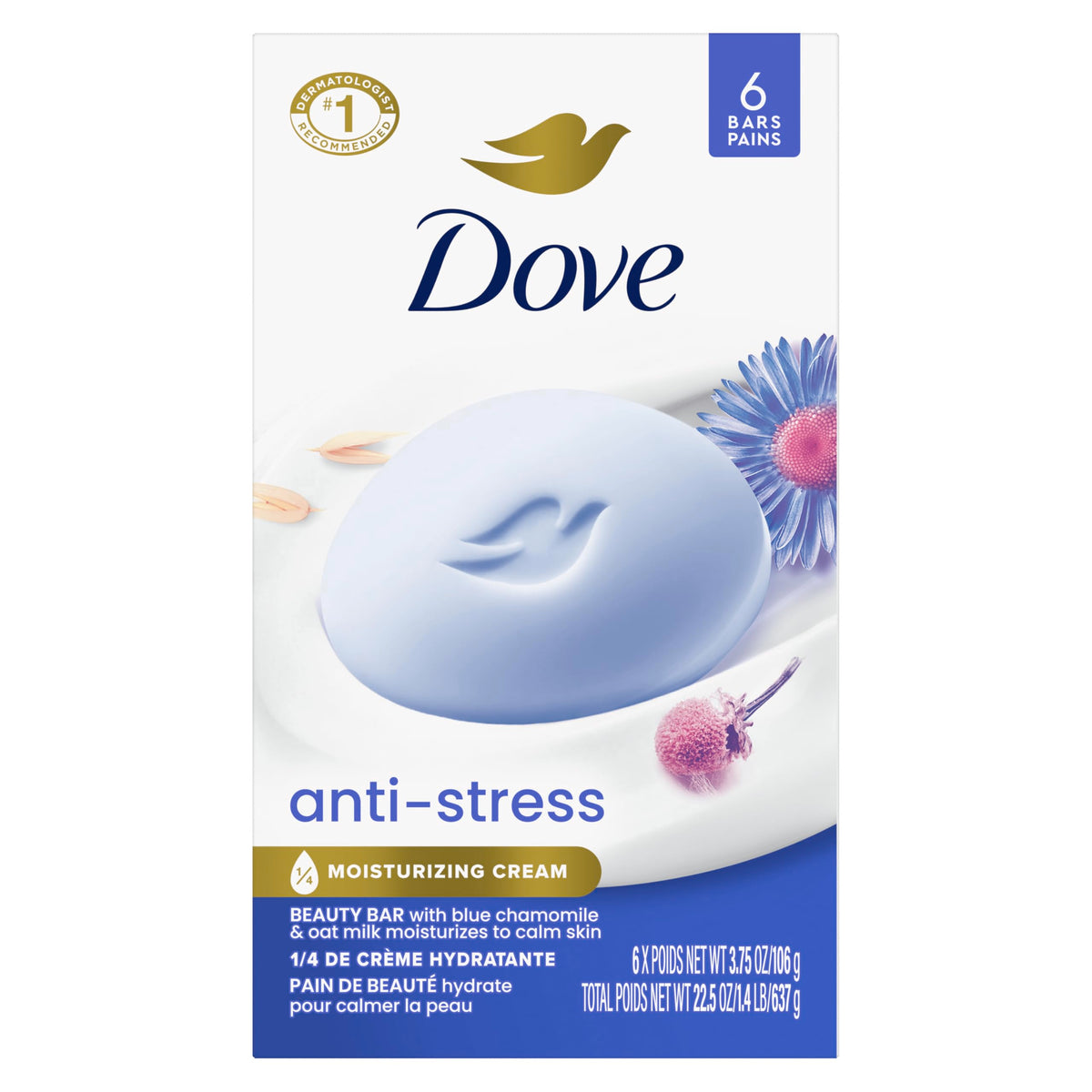Dove barra antiestres en la mano para limpieza suave.