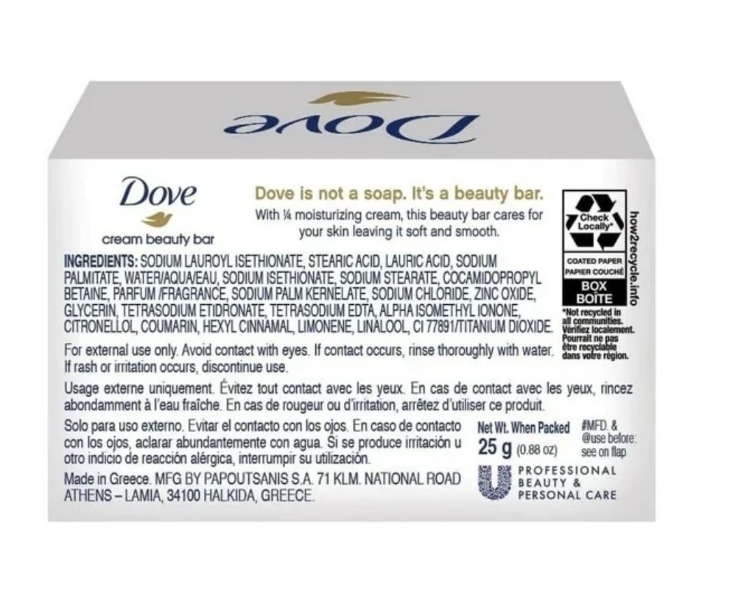 Dove barra crema belleza, textura suave para piel limpia.