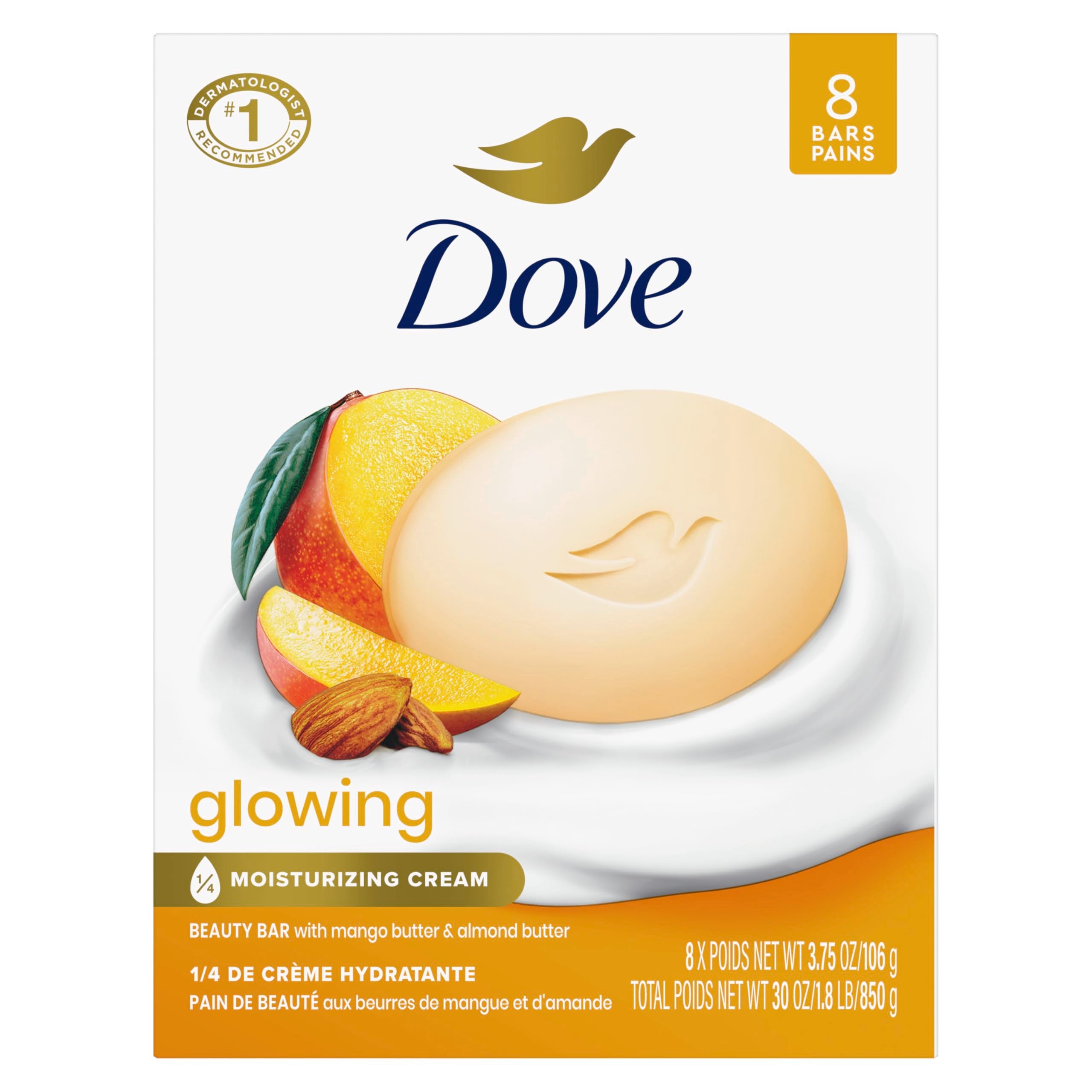 Dove Jabón en barra brillo mango y almendra para piel radiante tras la ducha.