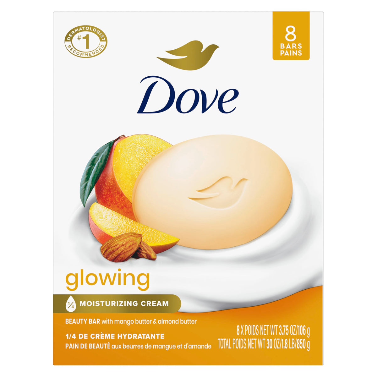 Dove Jabón en barra brillo mango y almendra para piel radiante tras la ducha.