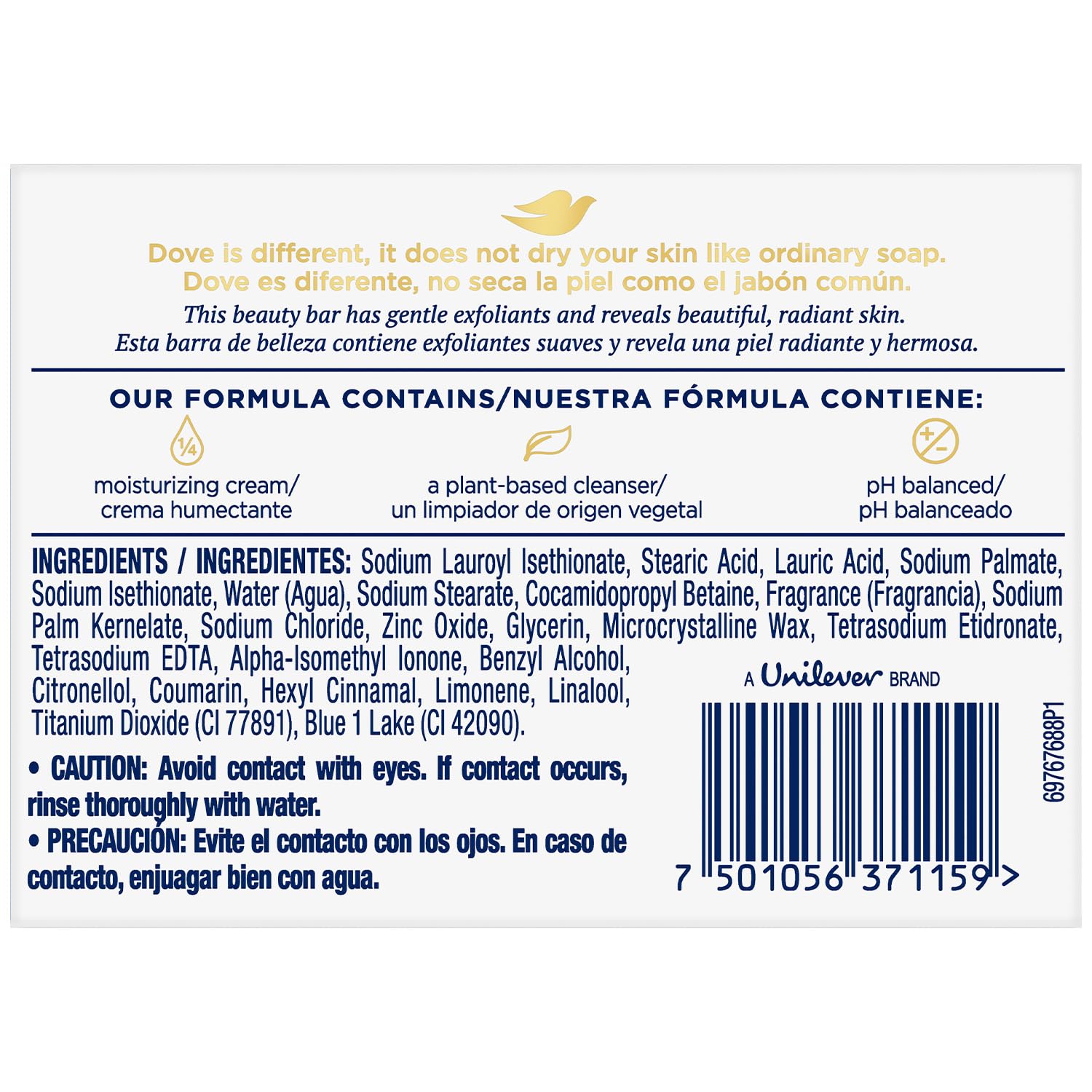 Jabón Dove para rostro, cuerpo y manos con crema hidratante, uso diario.