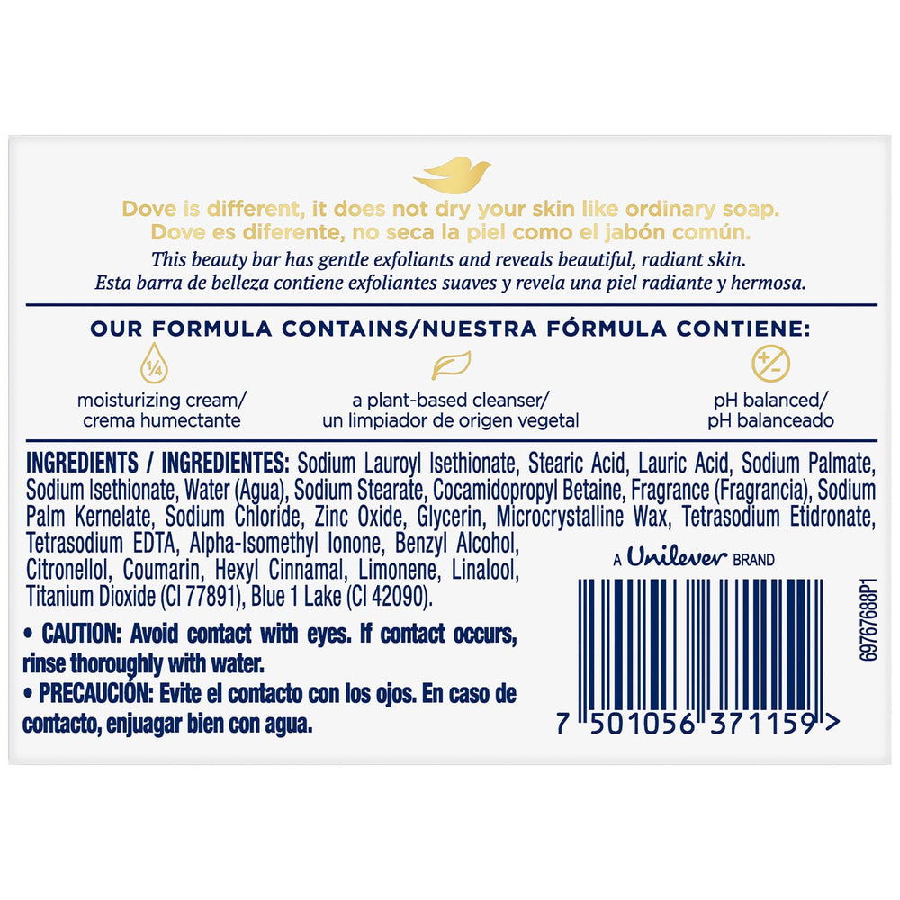 Jabón Dove para rostro, cuerpo y manos con crema hidratante, uso diario.