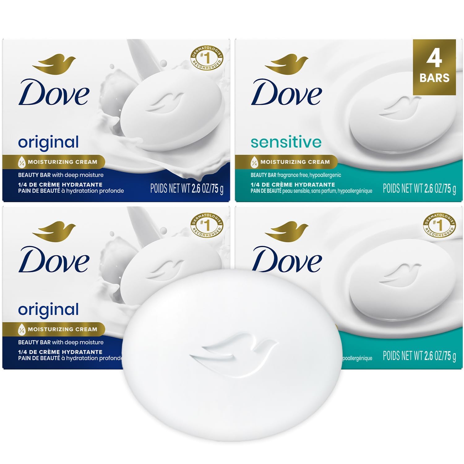 Dove barra para piel sensible sin fragancia, limpieza suave
