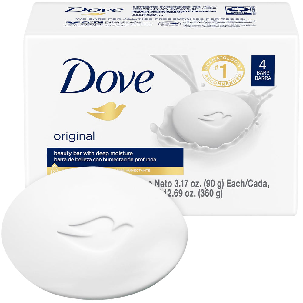 Dove Barra Original en empaque de cuatro jabones, práctico para uso diario en familia.