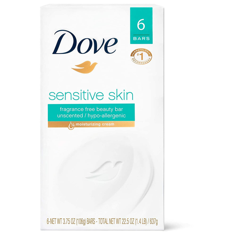 Dove sensitive skin bath bar close-up, fragrance-free 4 oz, showcasing a gentle cleansing choice.