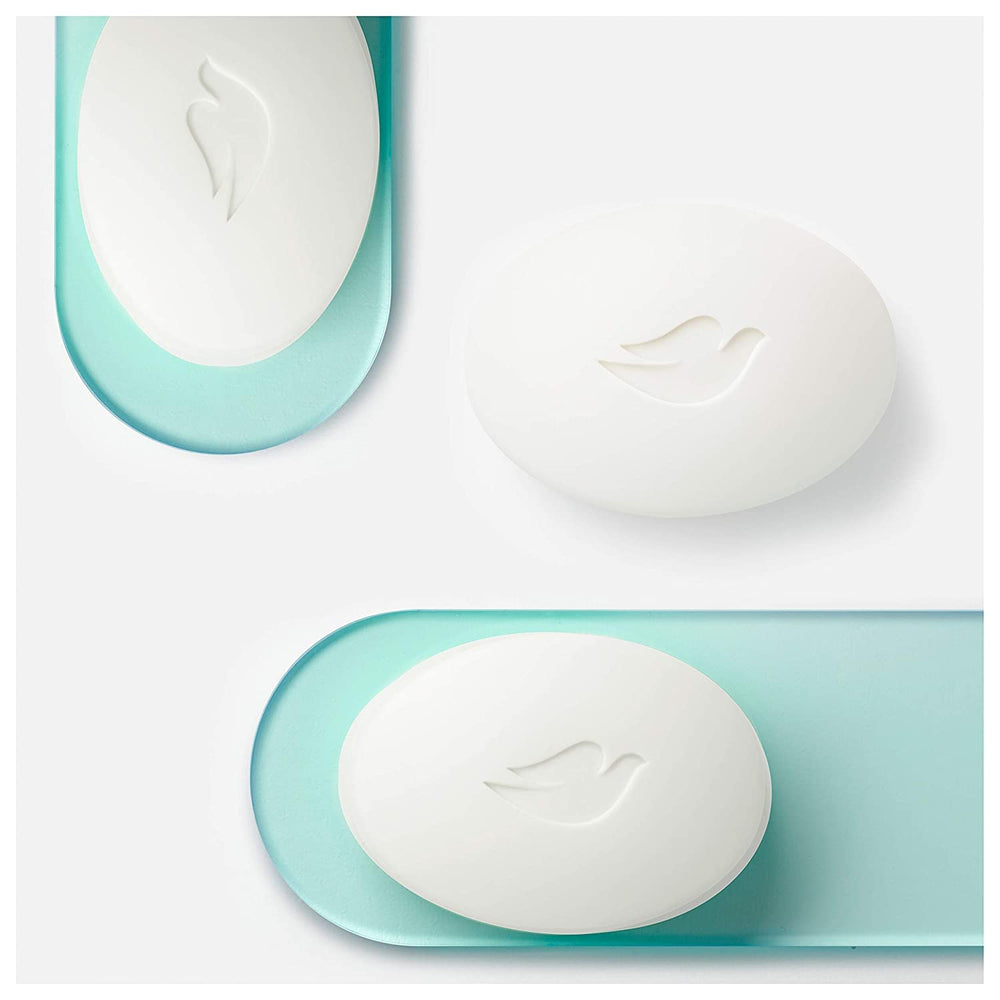 Dove bath bars stacked, six bars, ready for daily use with a soft, moisturizing formula.