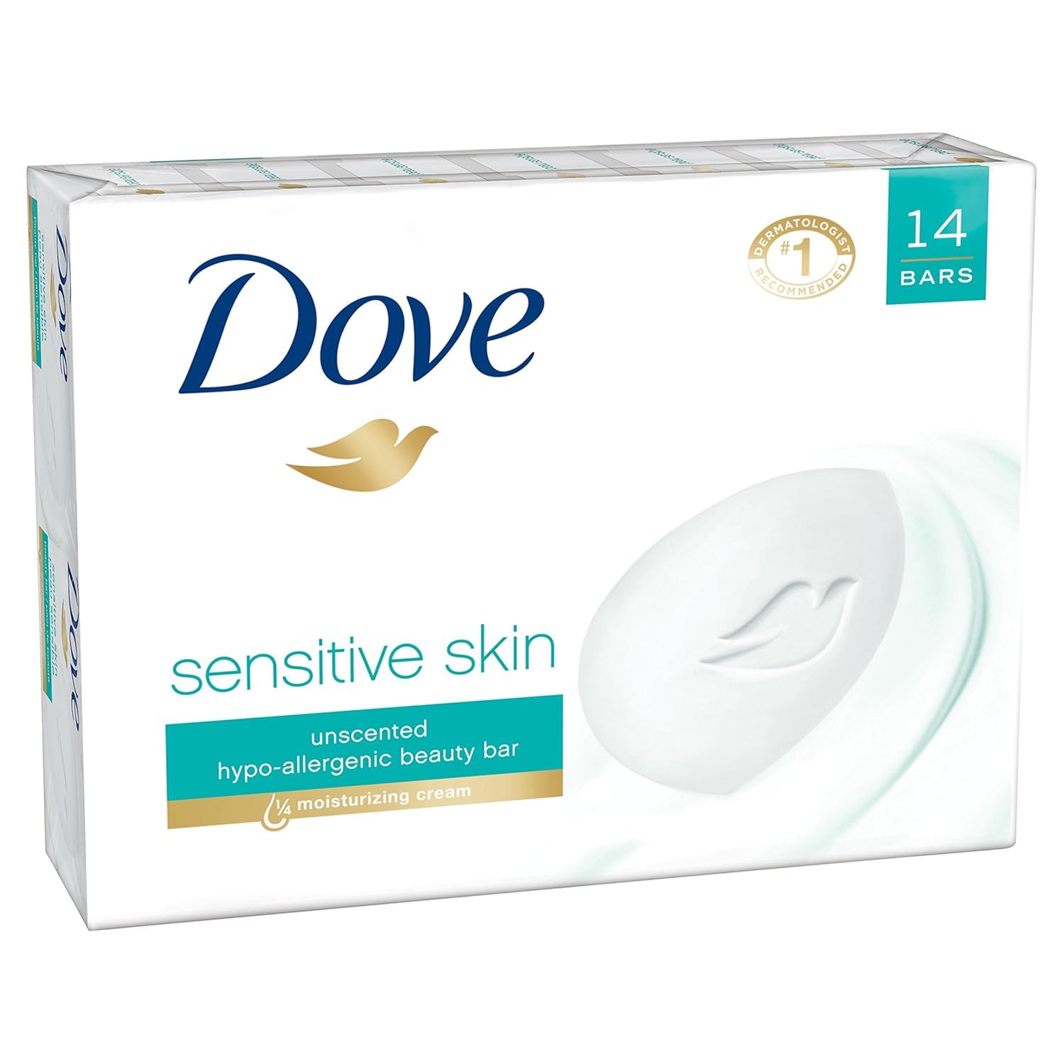 Dove Sensitive Beauty Bar fragrance-free cleansing for face and body with moisturized skin.