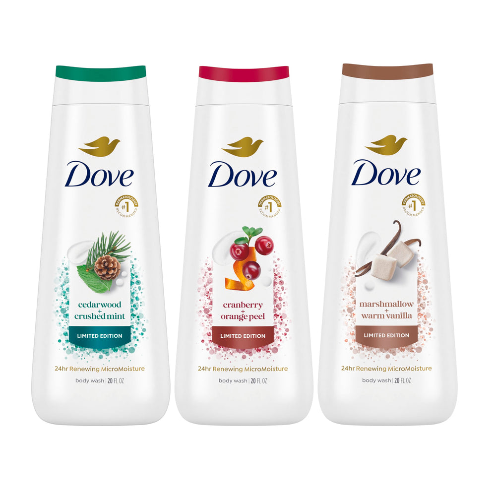 Dove Body Wash 3-count mixed pack packaging showcases variety for refreshed skin.