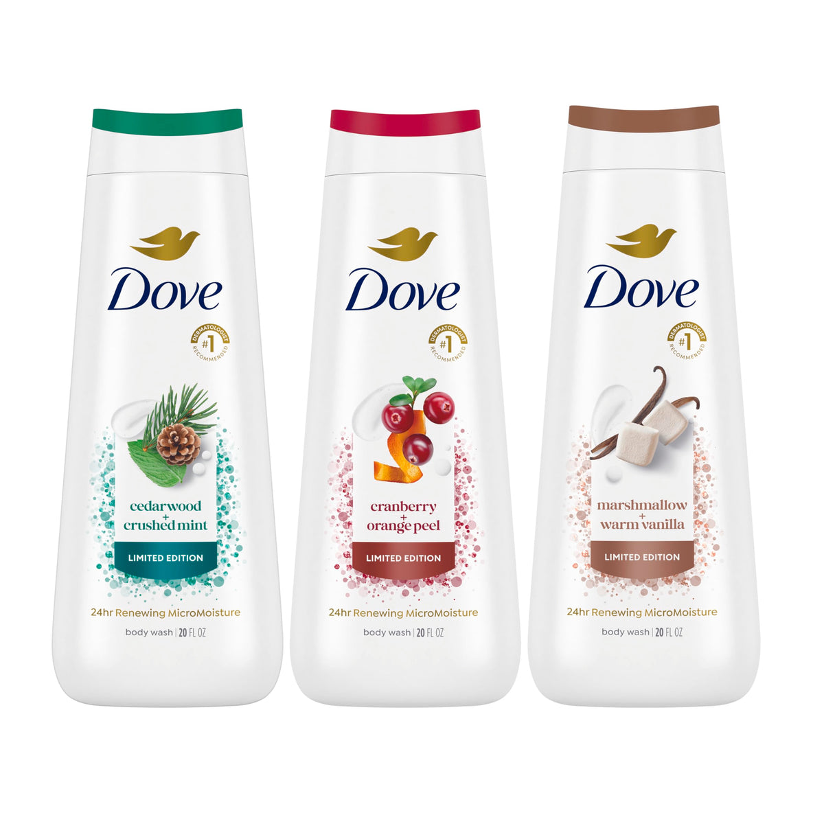 Dove Body Wash 3-count mixed pack packaging showcases variety for refreshed skin.