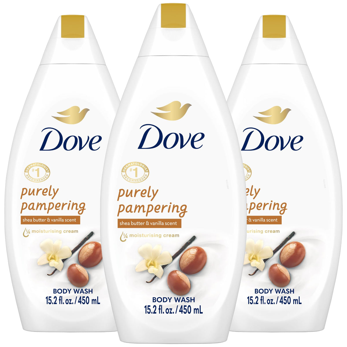 Dove body wash 3-pack on display, offering hydration for softer skin.