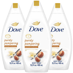 Dove body wash 3-pack on display, offering hydration for softer skin.