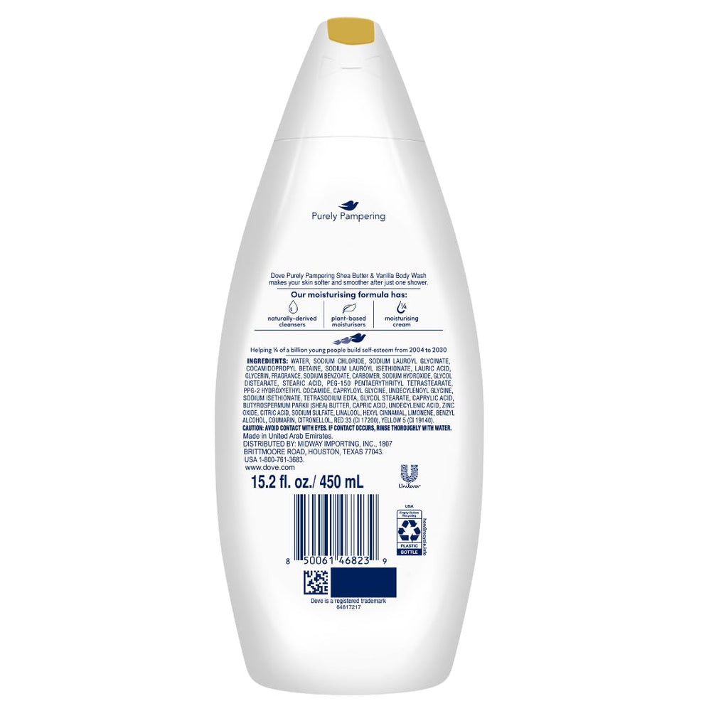 Dove Shea Butter Warm Vanilla bottle close-up showing creamy hydration.