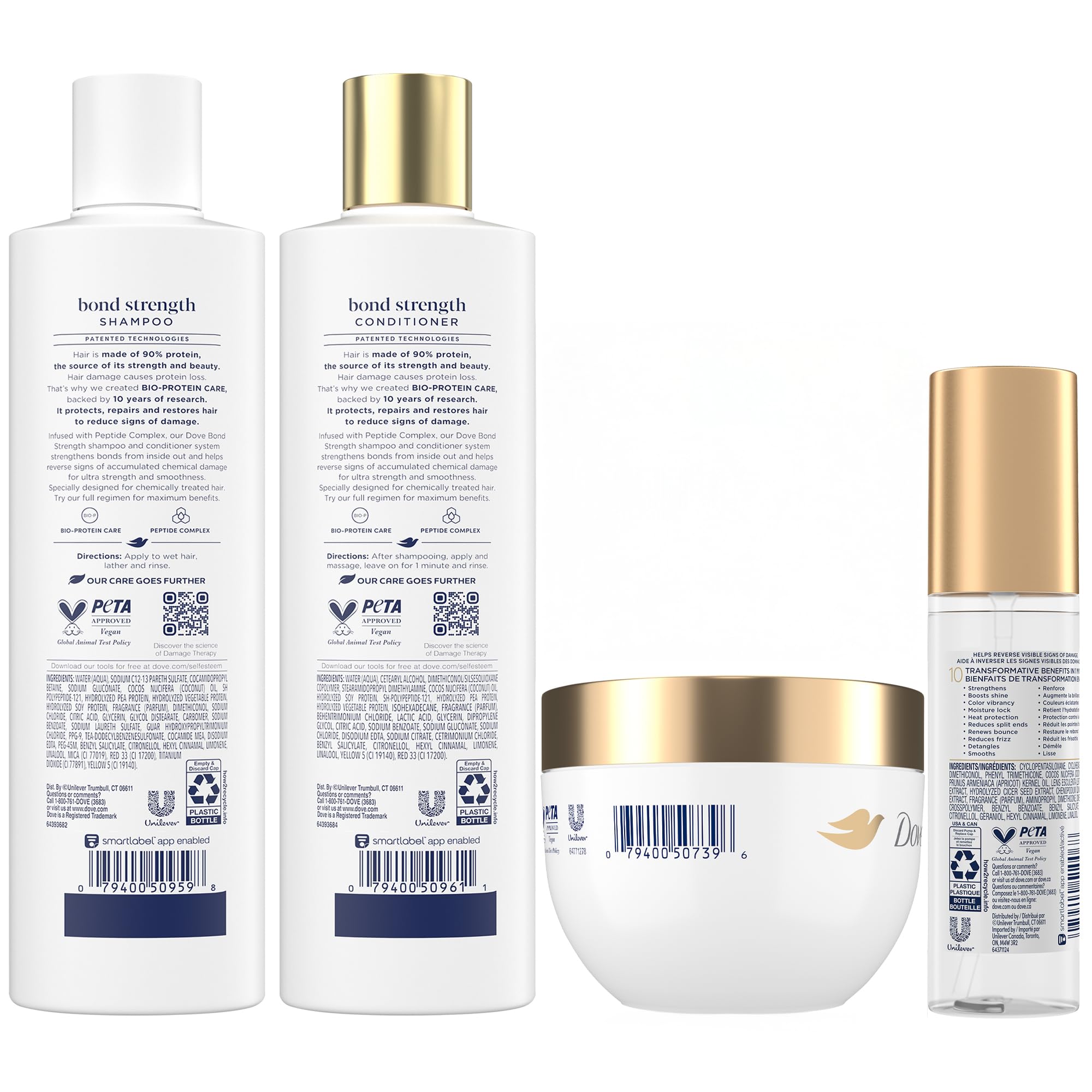 Dove Bond Strength conditioner tube beside shampoo for smooth, manageable hair.