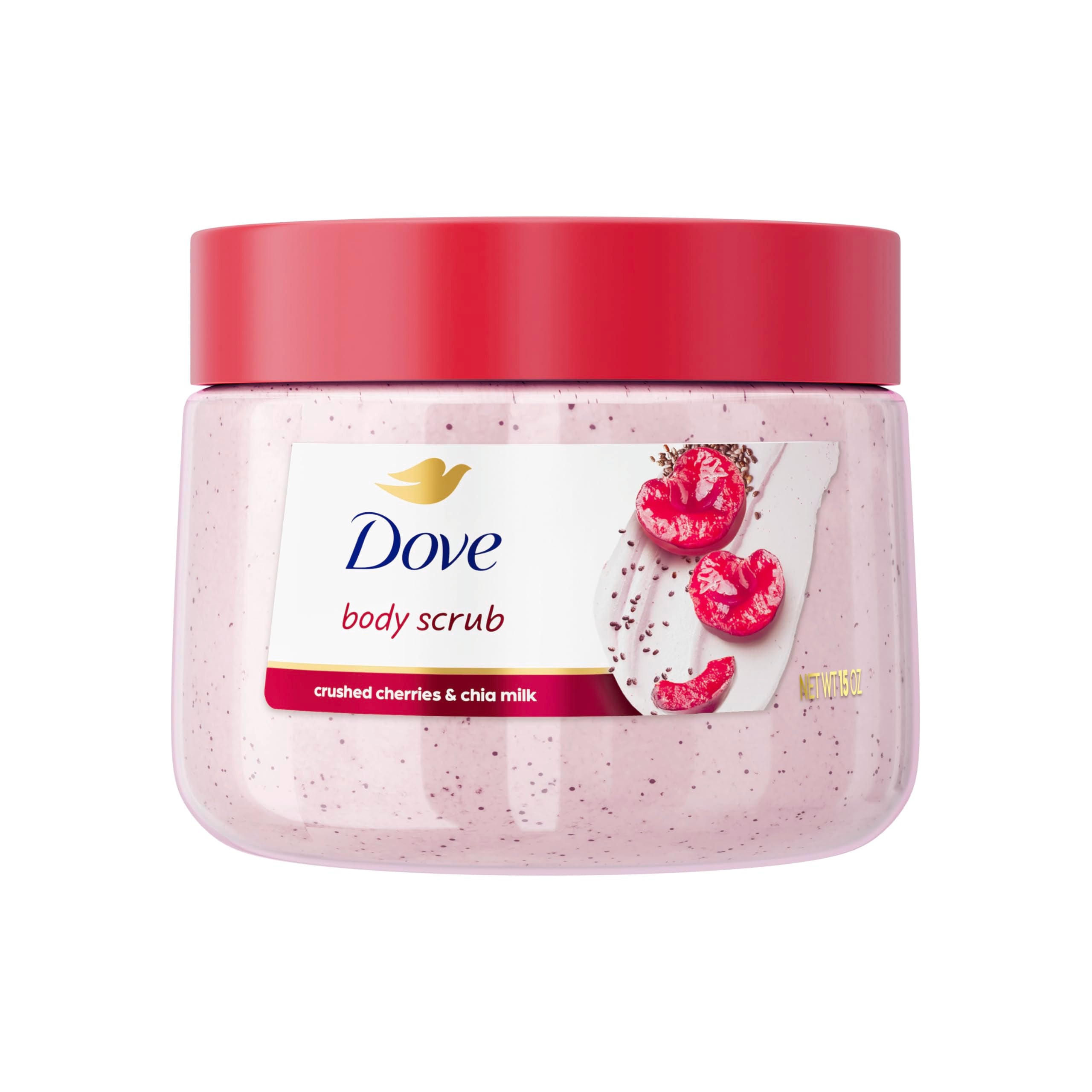 Dove Exfoliante corporal con cerezas y leche de chía para exfoliar y nutrir.