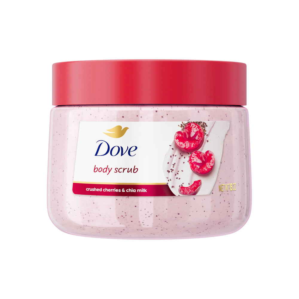 Dove Exfoliante corporal con cerezas y leche de chía para exfoliar y nutrir.