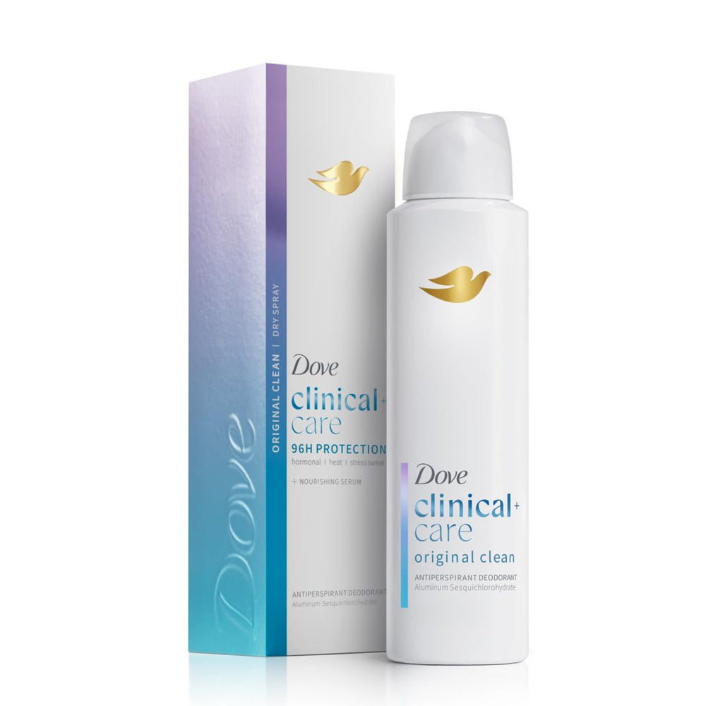 Desodorante Dove Clinica y Cuidado en spray y envase original, proteccion duradera todo el dia